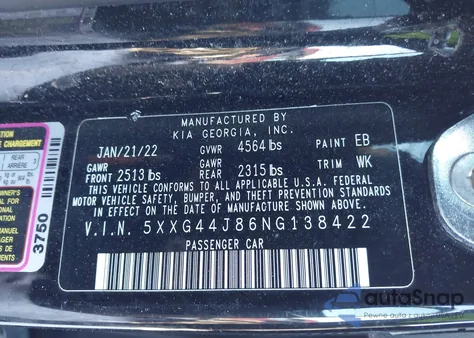 2022 Kia K5 Gt z USA, uszkodzony, nr VIN 5XXG44J86NG138422